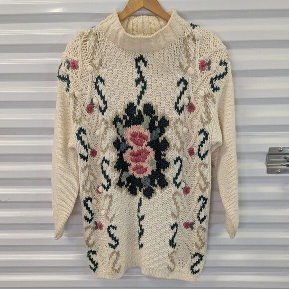 Vintage Shenanigans Oversized Hand Knitted Cream and Floral Tunic Sweater - Picture 1 of 8